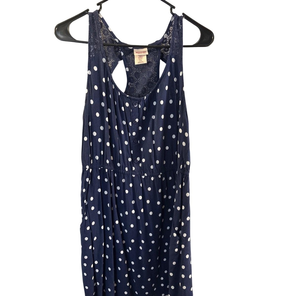 Vintage Y2K Mossimo Polka Dot Dress Navy Blue Lace Racerback Large With Pockets